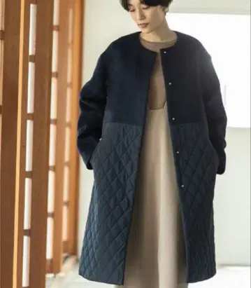 노카라 퀼팅 코트 네이비