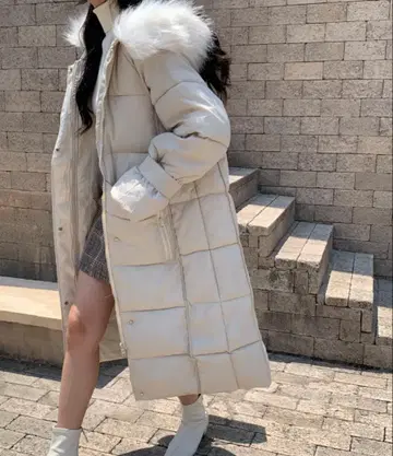 ECLIN 후드 퍼 페이크 다운 롱 코트