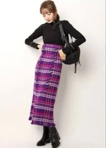 SNIDEL 스나이델 하이웨스트 체크 스커트 트위드 보라색 1