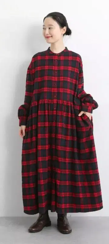 택 포함 새상품 ista-ire 기모 개더 체크 원피스 레드