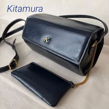 Kitamura 네이비 육각형 가죽 숄더백 미니 파우치 포함
