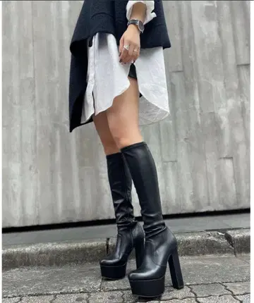 R&E 와이드 힐 스트레치 롱 부츠 블랙