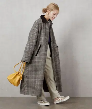 프릭스스토어 체크 무늬 롱 코트 코듀로이 카라 부착