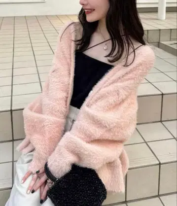 hinari 샤기 니트 가디건 핑크