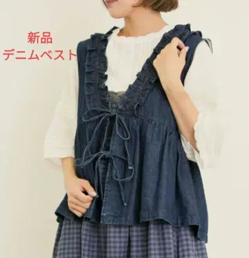 새상품 사만사 모스모스 자수 데님 베스트 네이비 무지 SM2
