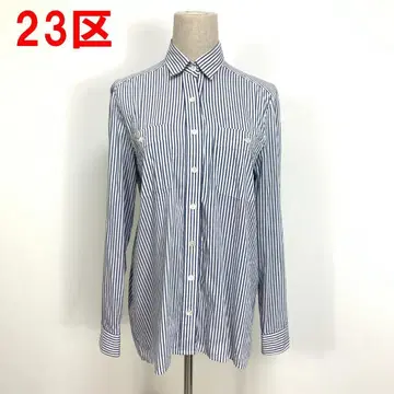 A6737 23구 긴팔 셔츠 블라우스 면 스트라이프 가슴 포켓 파랑 38