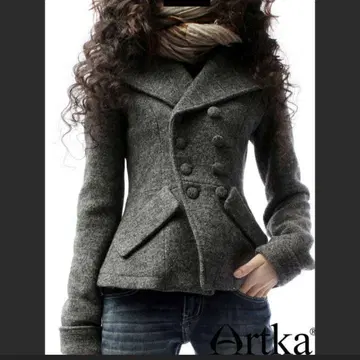 미사용 Artka 트위드 더블 브레스트 피 코트 그레이