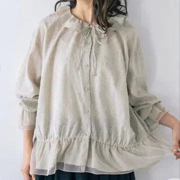 kazumi x Samansa Mos2 프릴 칼라 튤 블라우스 블루