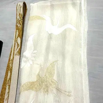 학 자수 화이트 실크 오비 장식 천