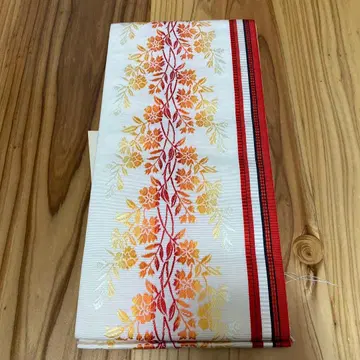 [ 미사용 ] 꽃무늬 자수 코부쿠로 오비 오렌지, 빨간색 실크
