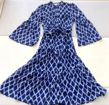 MICHAEL 올 패턴 화려한 롱 원피스 S M 플레어 네이비 화이트