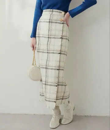 랩 스타일 프린지 체크 타이트 스커트