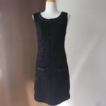 귀여운 스타일 블랙 스팽글 장식 슬리브리스 미니 원피스 트위드풍