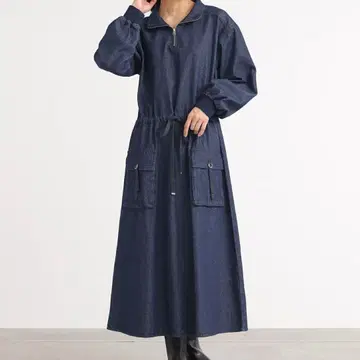 하프 지퍼 데님 롱 원피스 오샤레 워커