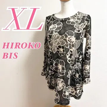 HIROKO BIS XL 블랙 아이보리 튜닉 꽃무늬 메쉬 시스루