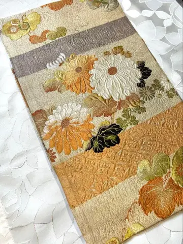 나고야 오비 베이지 바탕 국화 패턴