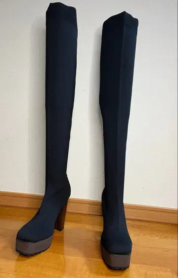 [ 새상품급 ] R&E 블랙 흑 니하이 부츠 하이힐 스트레치 소재