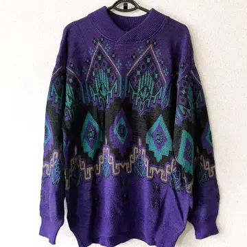 개성있는 VINTAGE 90s 기하학 올 패턴 니트 스웨터 긴팔 보라색