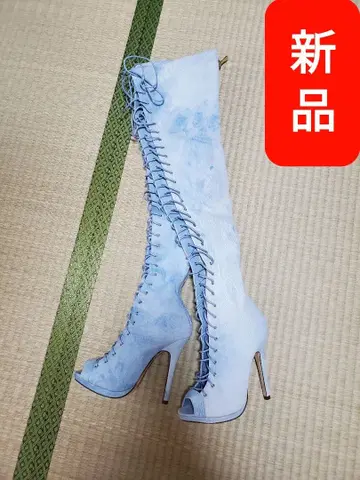 미사용 새상품 데님 레이스 업 니하이 롱 부츠