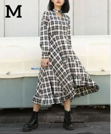 [새상품급] 쥬에티 초커 아지메 원피스 M 블랙 체크 무늬