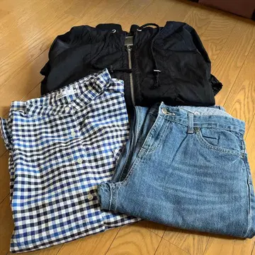 여성용 블랙 블루종, 체크 무늬 셔츠, 데님 3종 세트