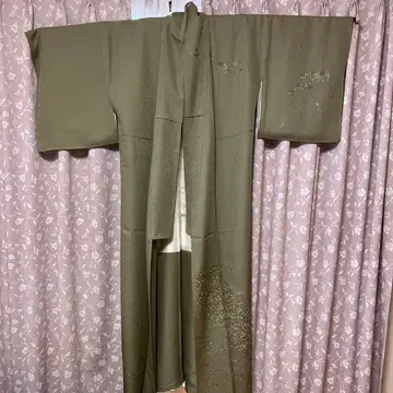 순수 실크 호몬기 올리브 그린 꽃무늬 자수