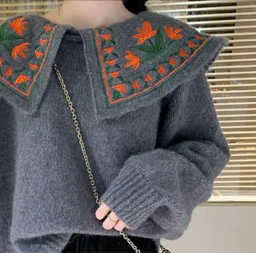 여성용 니트 스웨터 꽃무늬 옷깃 한국 스타일 패션