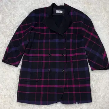 빈티지풍 체크 무늬 롱 코트 스탠드 카라 더블 버튼