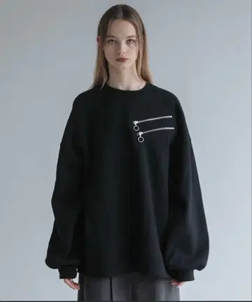 ELLUV/더블 슬래시 지퍼 헤비 웨이트 속기모 오버 맨투맨