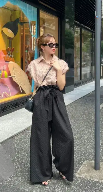 RANCLIC 란클릭 개더 리본 와이드 팬츠 블랙