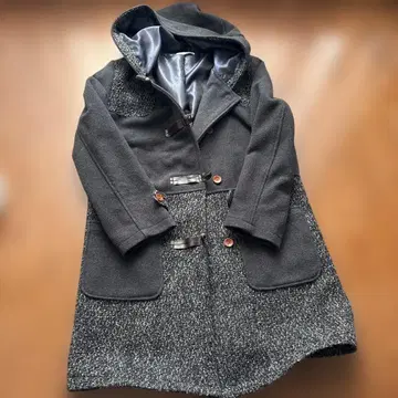 그레이 더플 코트 스타일 롱 코트 후드 부착