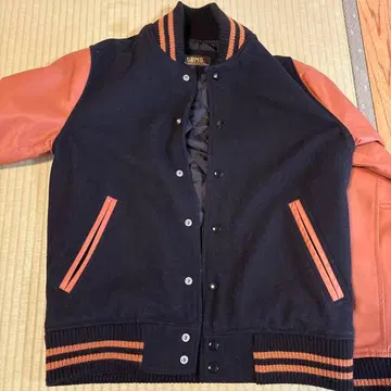 바시티 자켓 네이비/오렌지 울/가죽