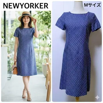 NEWYORKER 뉴요커 반팔 원피스 파랑 기하학 패턴 코튼 새상품급