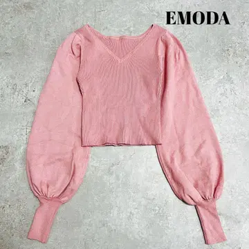 EMODA 리브 니트 핑크 V넥 벌룬 슬리브 Free