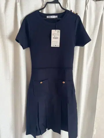 ZARA 박스 플리츠 니트 미니 원피스 XS 네이비