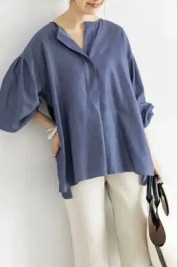 IENA 리오셀 바지 개더 블라우스 벌룬 슬리브 블루 긴팔 셔츠