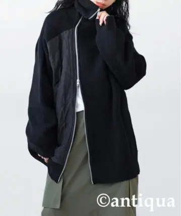 안티카 퀼팅 x 니트 집업 블루종 이소재 비대칭