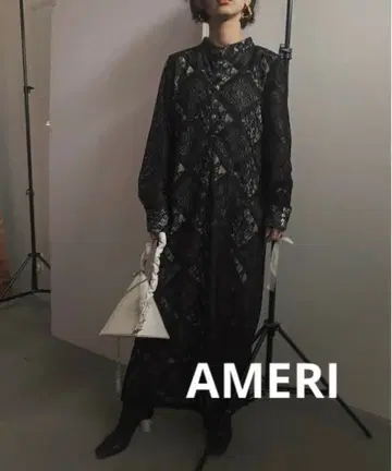 ameri 긴팔 레이스 롱 원피스 드레스 F