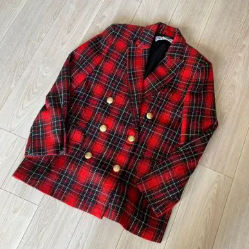 ZARA 빨검 체크 더블 브레스트 자켓 S