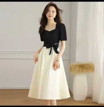 원피스 레이어드 스타일 퍼프 슬리브 플레어 스커트 허리 리본 스커트