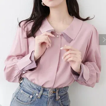 OSONO 카라 배색 블라우스 핑크 내추럴 꾸뛰르