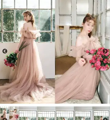 드레스 프로덕션 프릴 오프숄더 튤 드레스 핑크 브라운