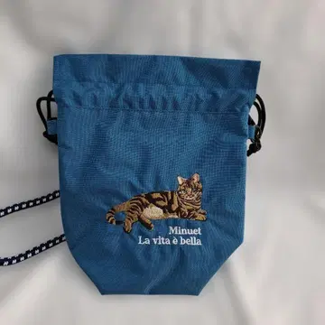 고양이 자수 숄더백 파랑