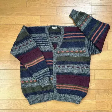 남성용 가디건 핸드메이드 파피 믹스 컬러 울 100% M 사이즈