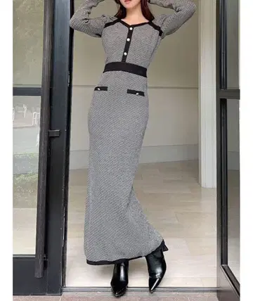 RESEXXY 바이어스 트위드 니트 원피스 블랙