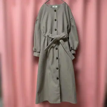 핑크 그레이 롱 코트 허리 리본 포함