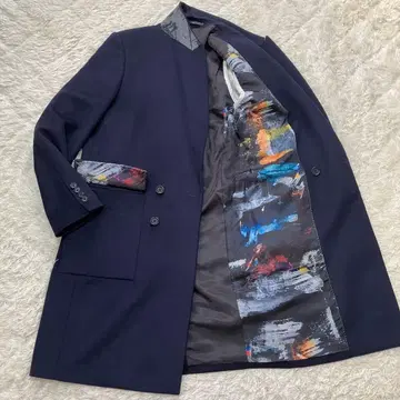 고품질! 폴스미스! 멜톤 체스터 코트! 안감 페인트 패턴! 더블 네이비