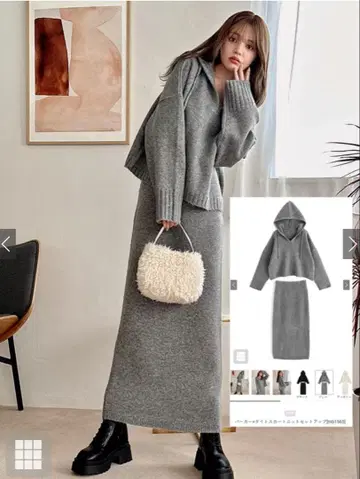 후드티 x 타이트 스커트 니트 셋업 mb1565