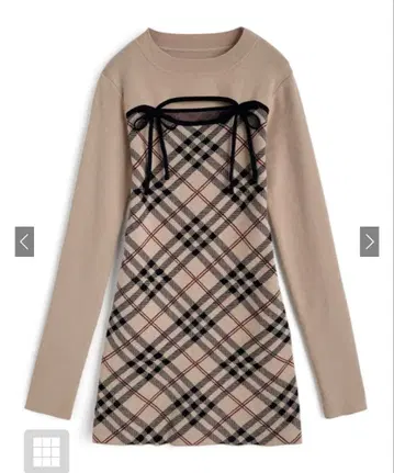 GRL 체크 무늬 프론트 오픈 리본 니트 미니 원피스