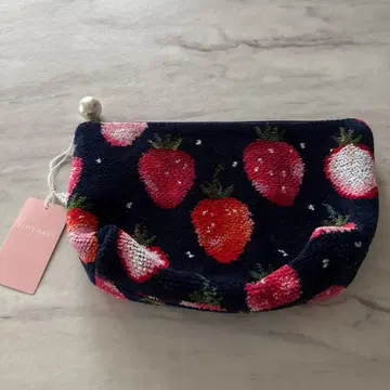 페이러 스트로베리 도트 화장품 파우치 네이비 딸기 타월 원단 새상품